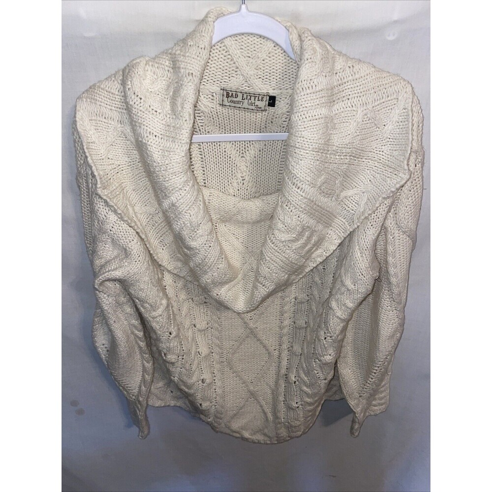 Bad Little Country Girl Women’s Cowl Neck Sweater Size Large Ivory Cable Knit